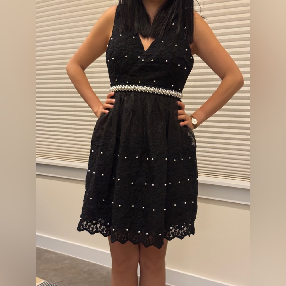 Formal Black Lace Dress with Pearl Accents- only worn once